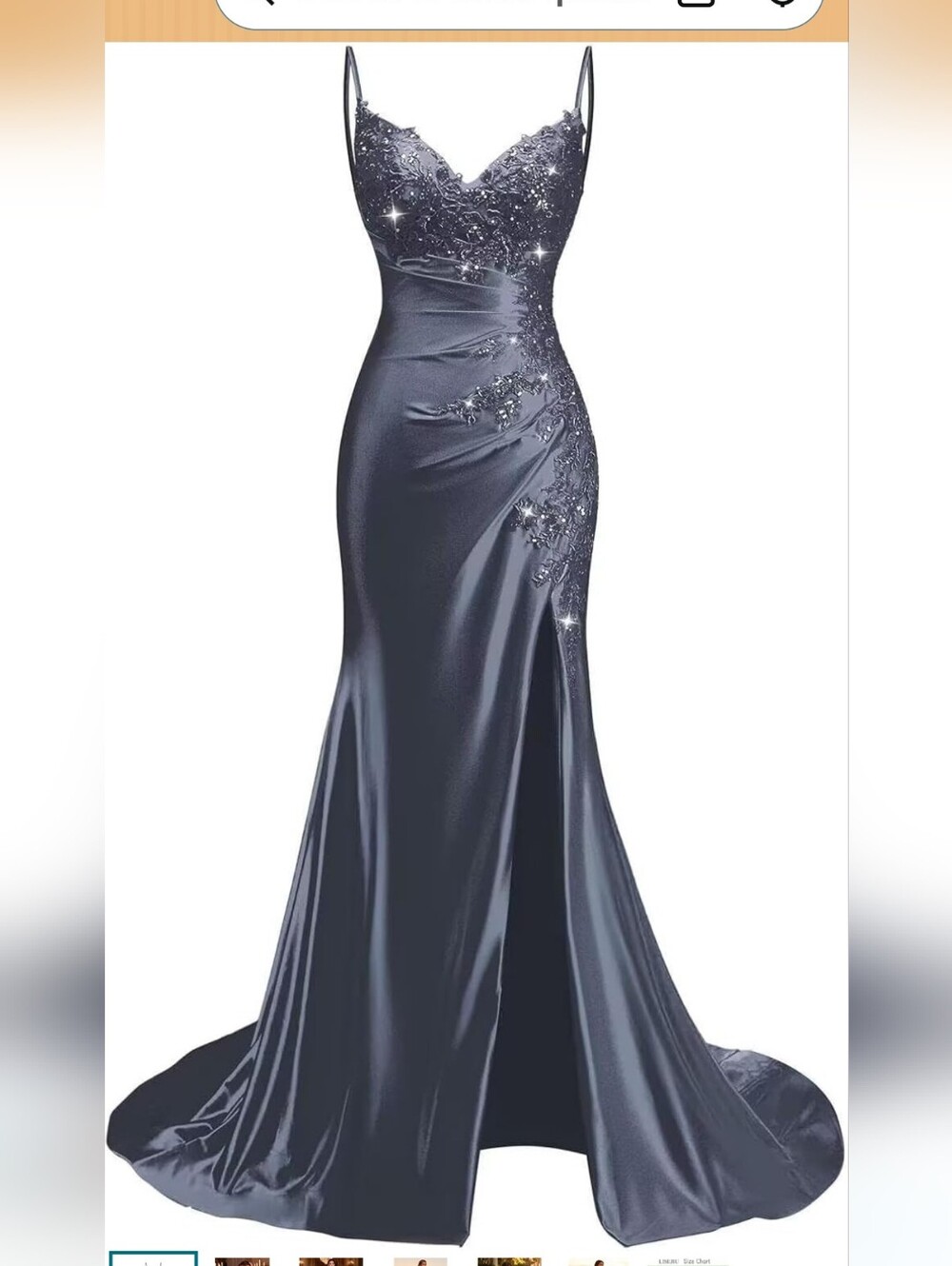 Lace Applique Prom Dresses Satin Mermaid Formal Dress with Split Spaghetti Strap
